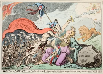 Død eller Frihed! Eller Britannia und the Virtues of the Constitution i fare for krænkelse fra Great Political Libertine, Radikal Reform!, pub. 1819 (håndfarvet radering)